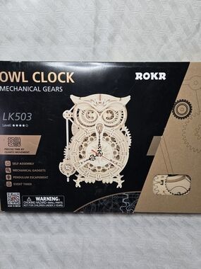 Natural Wood Owl Mechanical Wall Clock NIB - Self Assembly